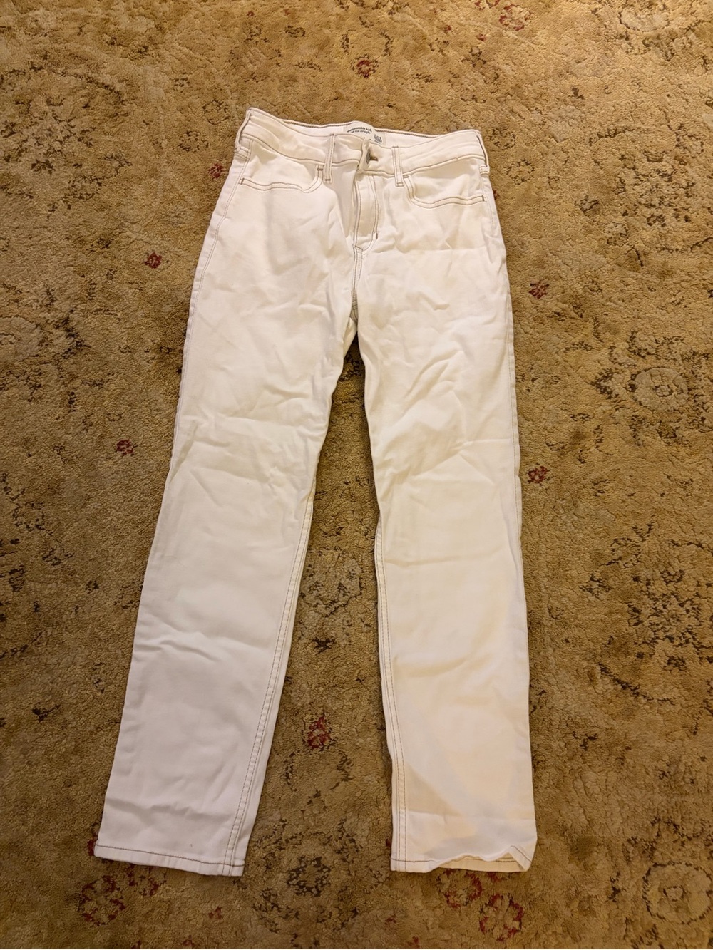 Abercrombie kids white jeans w/ brown threading size 13/14 EUC high rise/straigh